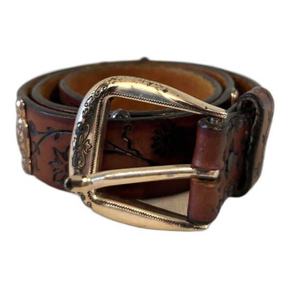 Brighton Vintage Brown Hand-Tooled Leather Belt - Size Large - Picture 1 of 6